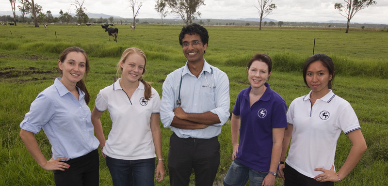 Vet students standing in a field on the UQ Gatton Campus
